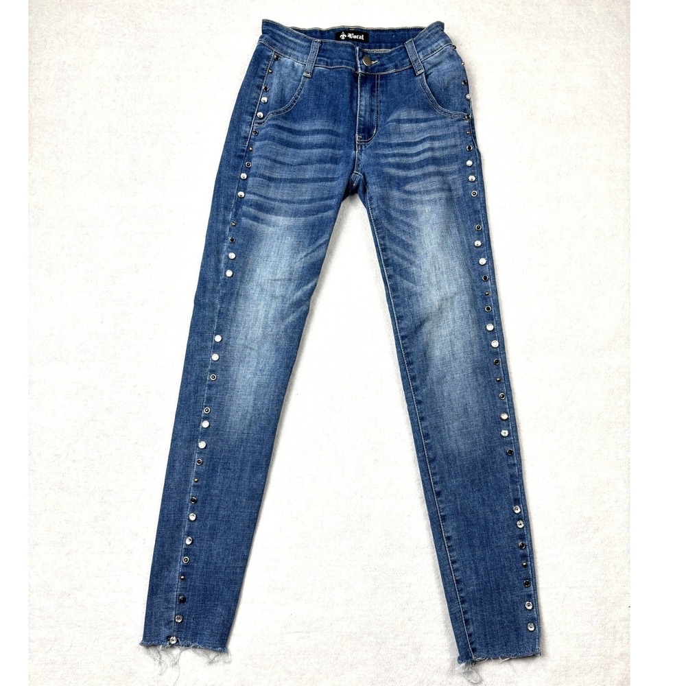 Vocal Studded Skinny Jeans Womens Small Medium Wash Rhinestone Side Seam Raw Hem